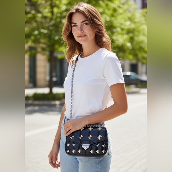 NWOT Michael Kors Small SOHO Black Quilted Patent Leather Silver Studs Crossbody - Picture 11 of 11